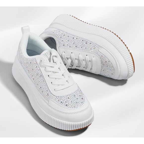 Lucky Step Women White Rhinestone Sparkly Chunky Retro Braided Casual Sneakers - Picture 5 of 9